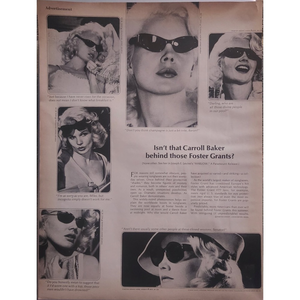 Foster Grant Sunglasses Magazine Ad 1960s Carroll Baker Hollywood Glamour 10x13